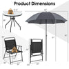 Product dimensions of a 6-piece patio dining set, including folding chairs, glass table, and tilt umbrella for outdoor.