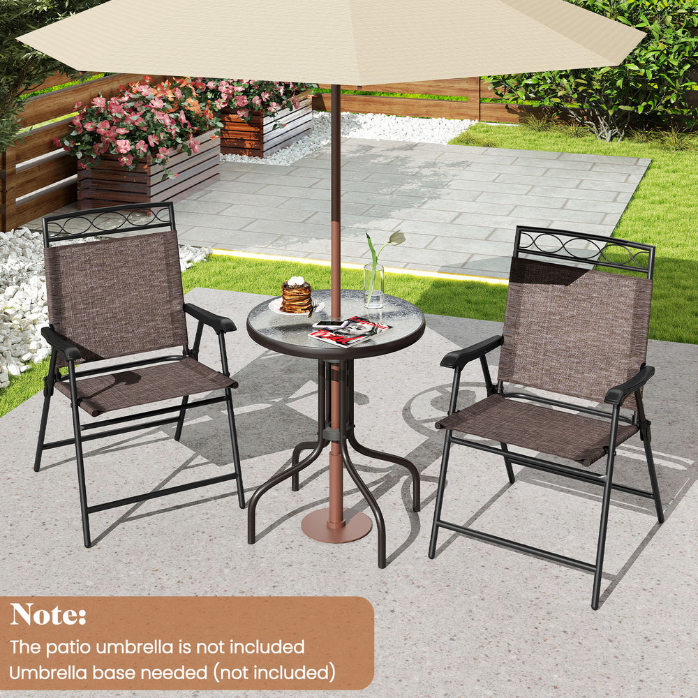Outdoor bistro dining set featuring two folding chairs and a round table with a 1.57-inch umbrella hole for patios.