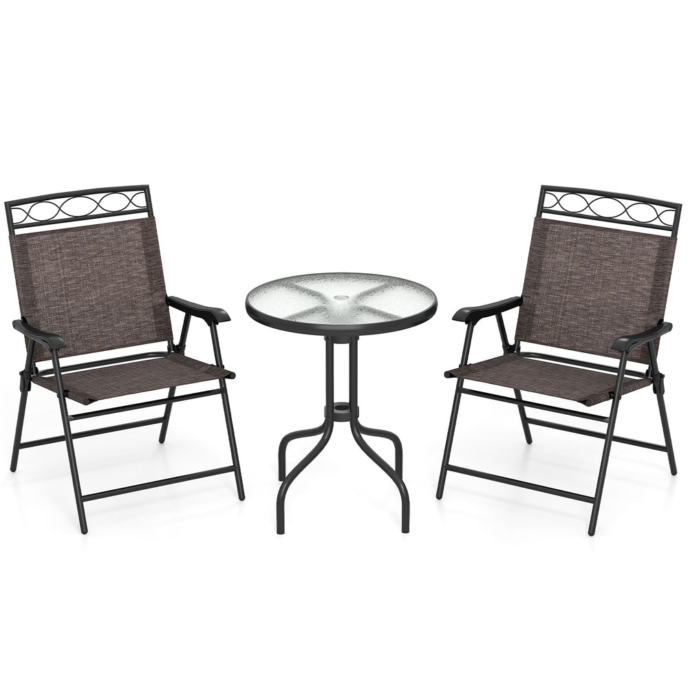 Outdoor bistro dining set featuring two folding chairs and a round table with a 1.57-inch umbrella hole, perfect for.