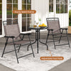 Two folding patio chairs with a sturdy metal frame and a round table, perfect for outdoor dining with an umbrella hole.