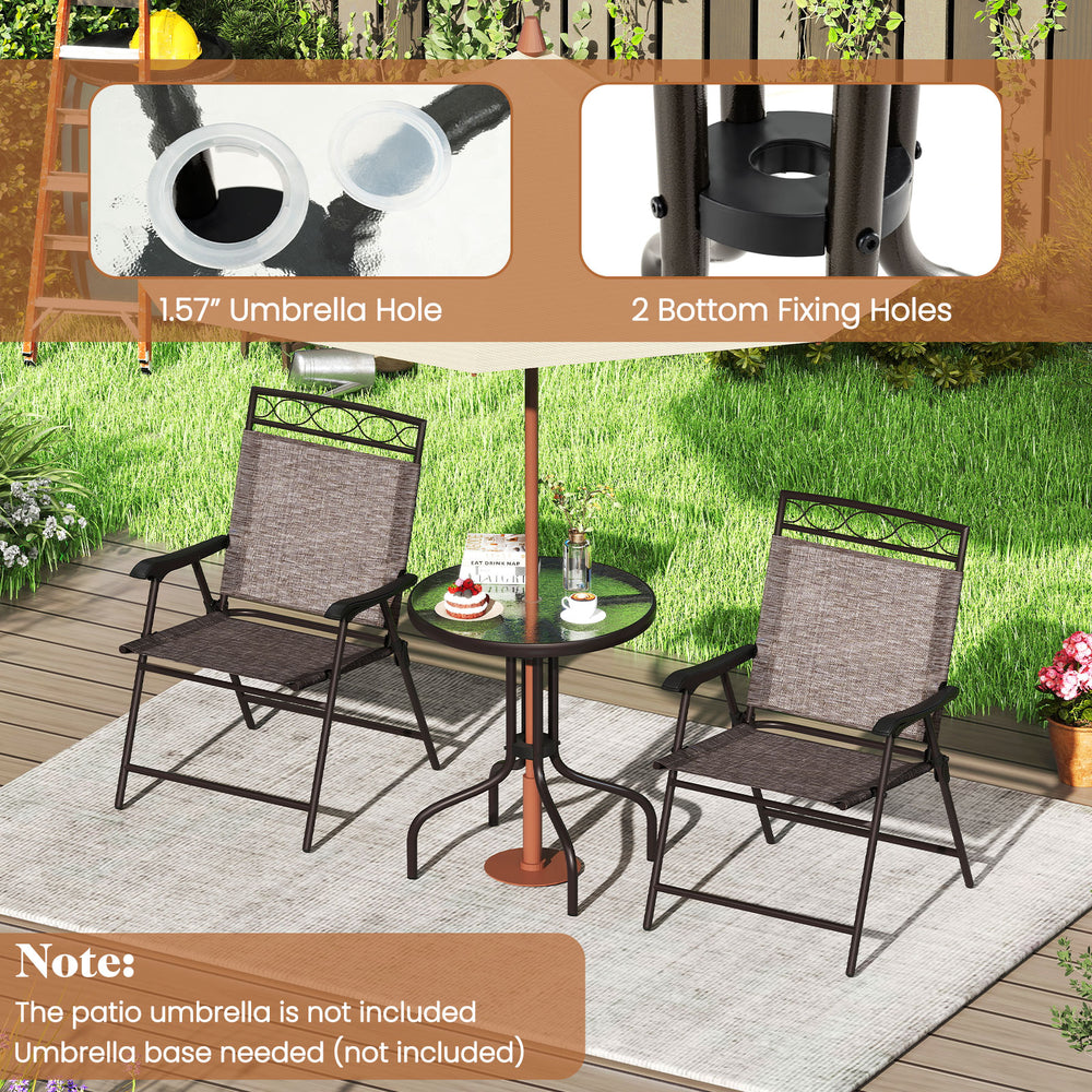 Outdoor bistro dining set featuring two chairs and a round table with a 1.57-inch umbrella hole, perfect for patios.