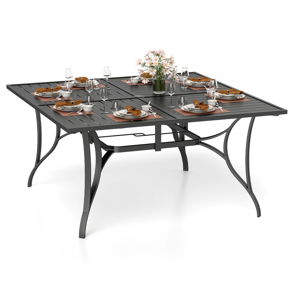 Square black patio dining table for 8 with umbrella hole, featuring a spacious 60" x 60" top for outdoor dining.