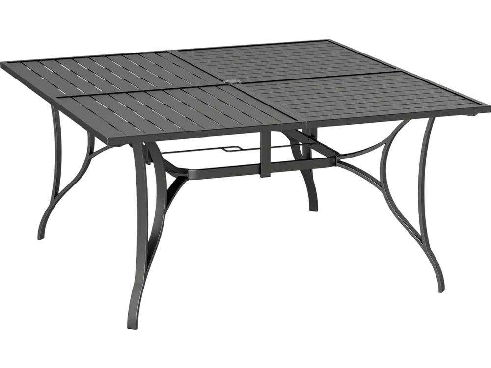 Square black patio dining table for 8 with umbrella hole, 60" x 60", heavy-duty metal frame for outdoor use.