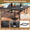 Patio dining table for 8 with a 60" x 60" black tabletop and integrated umbrella hole, perfect for outdoor dining.