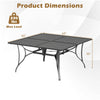 Square patio dining table with 60" x 60" surface, umbrella hole, and heavy-duty metal frame for outdoor dining.