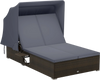 Patio double chaise lounge with gray cushions, retractable canopy, and folding side trays for backyard relaxation.