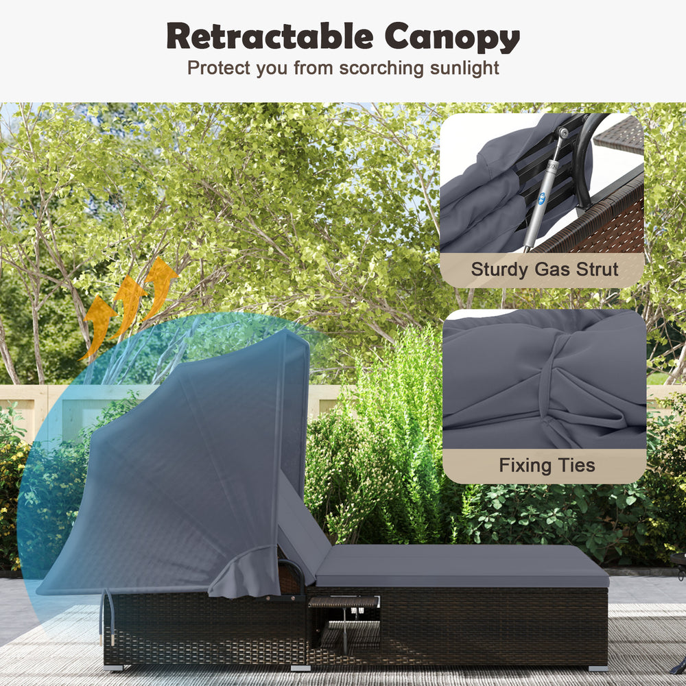 Patio double chaise lounge with gray retractable canopy, adjustable backrests, and hand-woven PE rattan for outdoor.