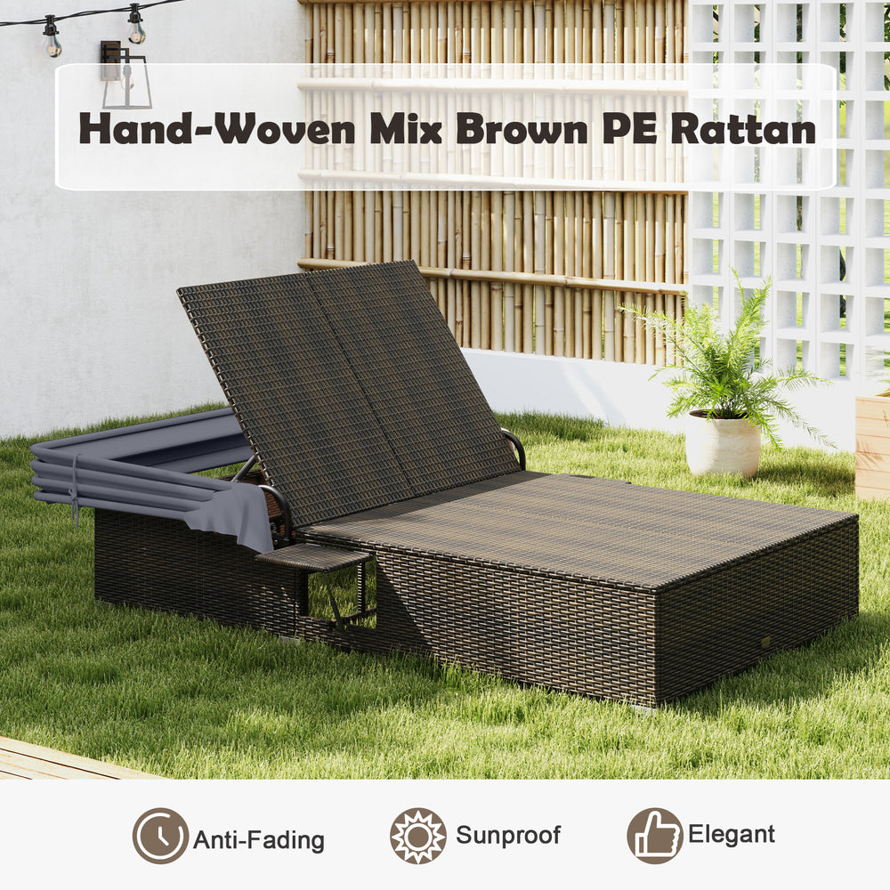 Patio double chaise lounge in hand-woven mix brown PE rattan with adjustable backrests and retractable canopy for.