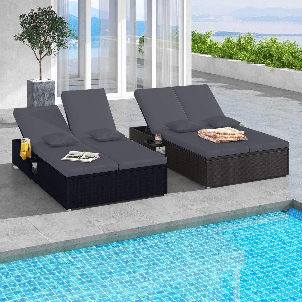 Patio Double Chaise Lounge with Cushions and Folding Side Trays-Gray - Gallery View 1 of 10