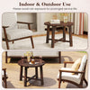 Round patio end table made of solid wood with a brown finish, ideal for garden, poolside, and indoor use.