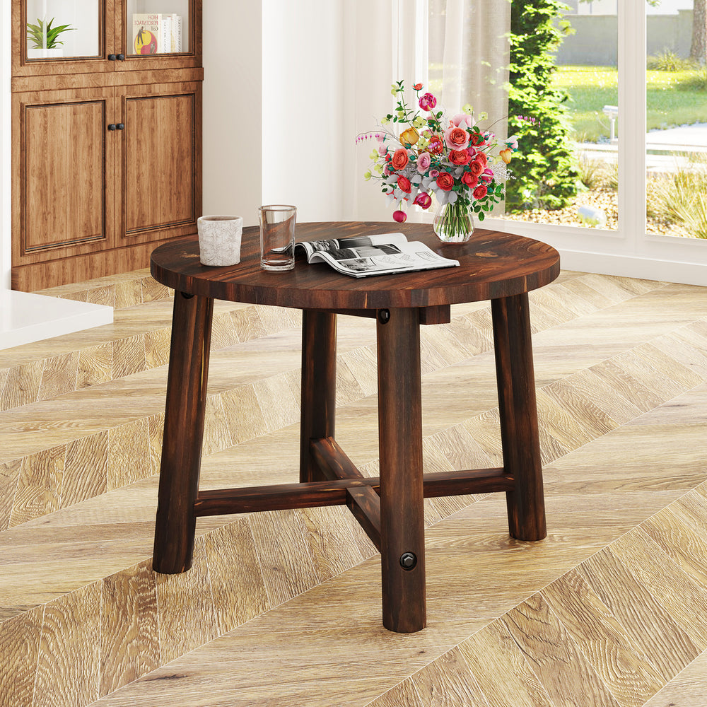 Round patio end table made of solid wood with a brown finish, ideal for garden, deck, or indoor use.