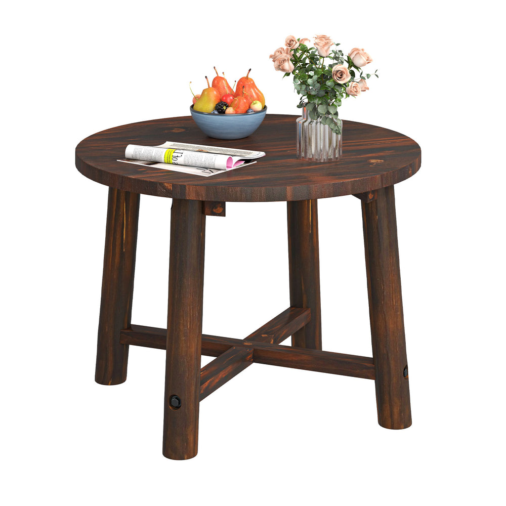 Round patio end table made of solid wood with a brown finish, ideal for garden, deck, poolside, or indoor use.
