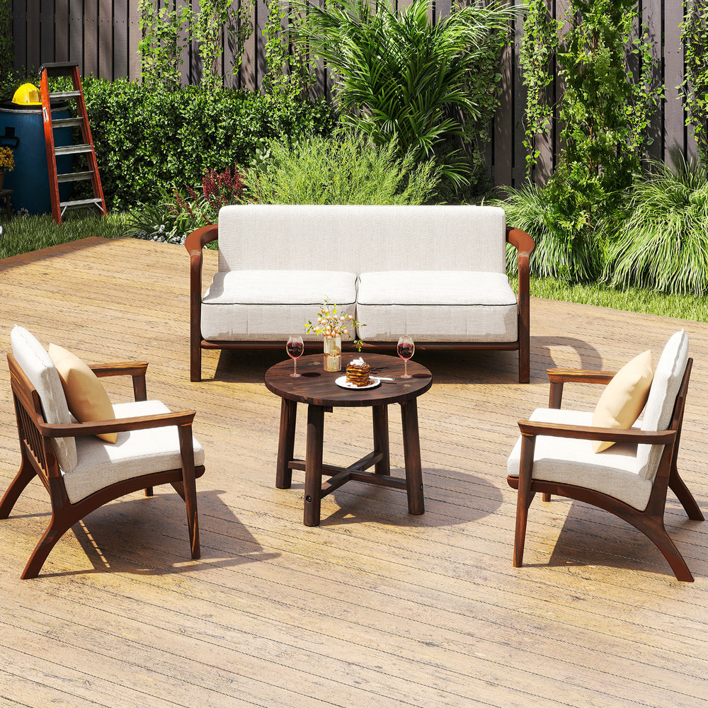 Round patio end table made of solid wood with a brown finish, ideal for garden, deck, or poolside use.