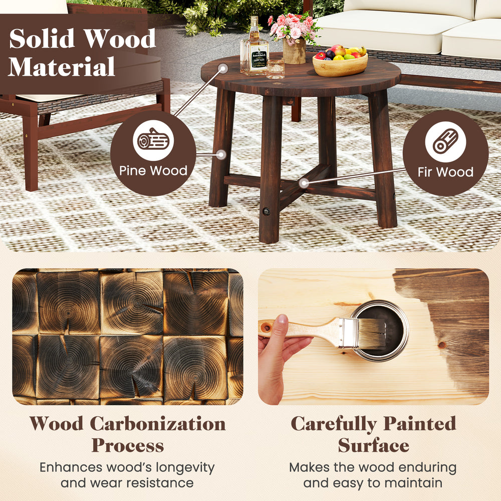 Round patio end table made of solid pine and fir wood, featuring a durable painted surface for indoor and outdoor use.