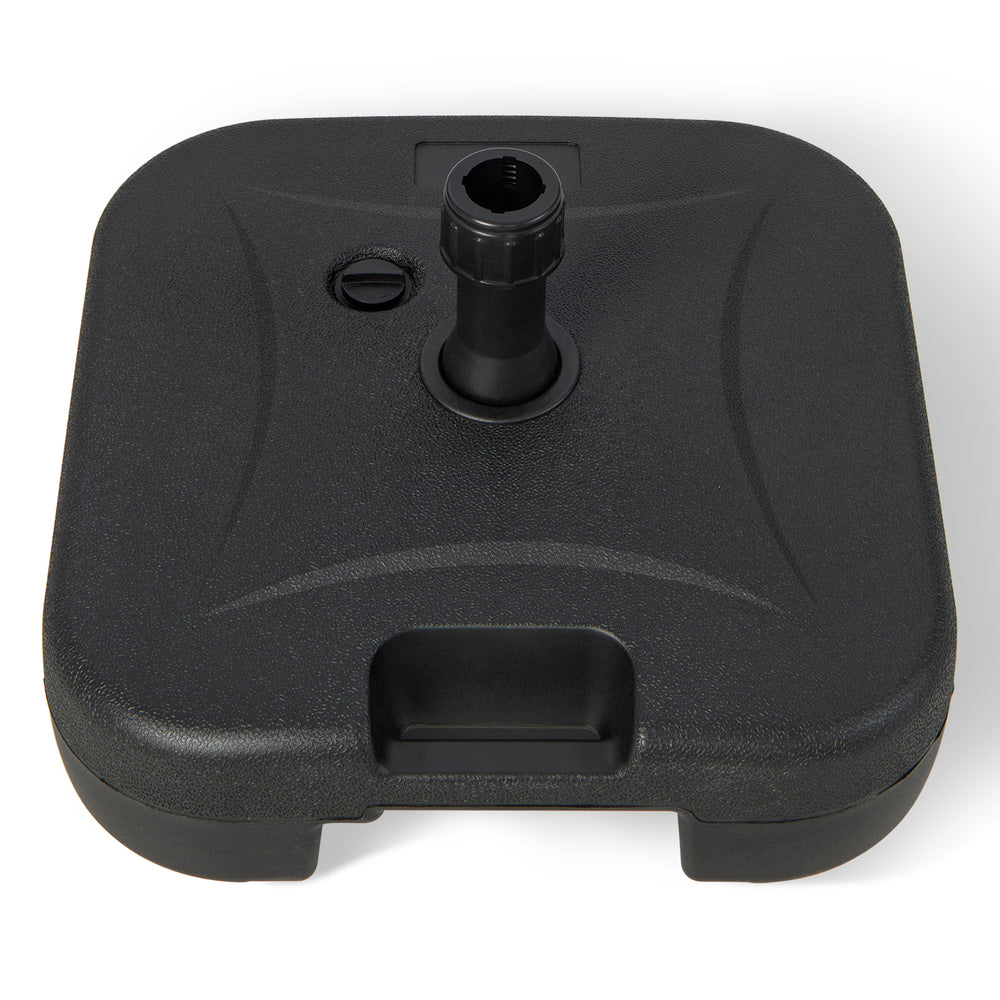 Top view of a fillable black patio umbrella base with handle, made of durable HDPE, perfect for outdoor stability.