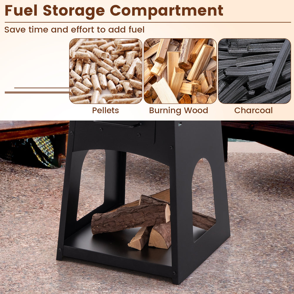 Fuel storage compartment of the black patio fire pit, designed for wood, pellets, or charcoal for outdoor gatherings.