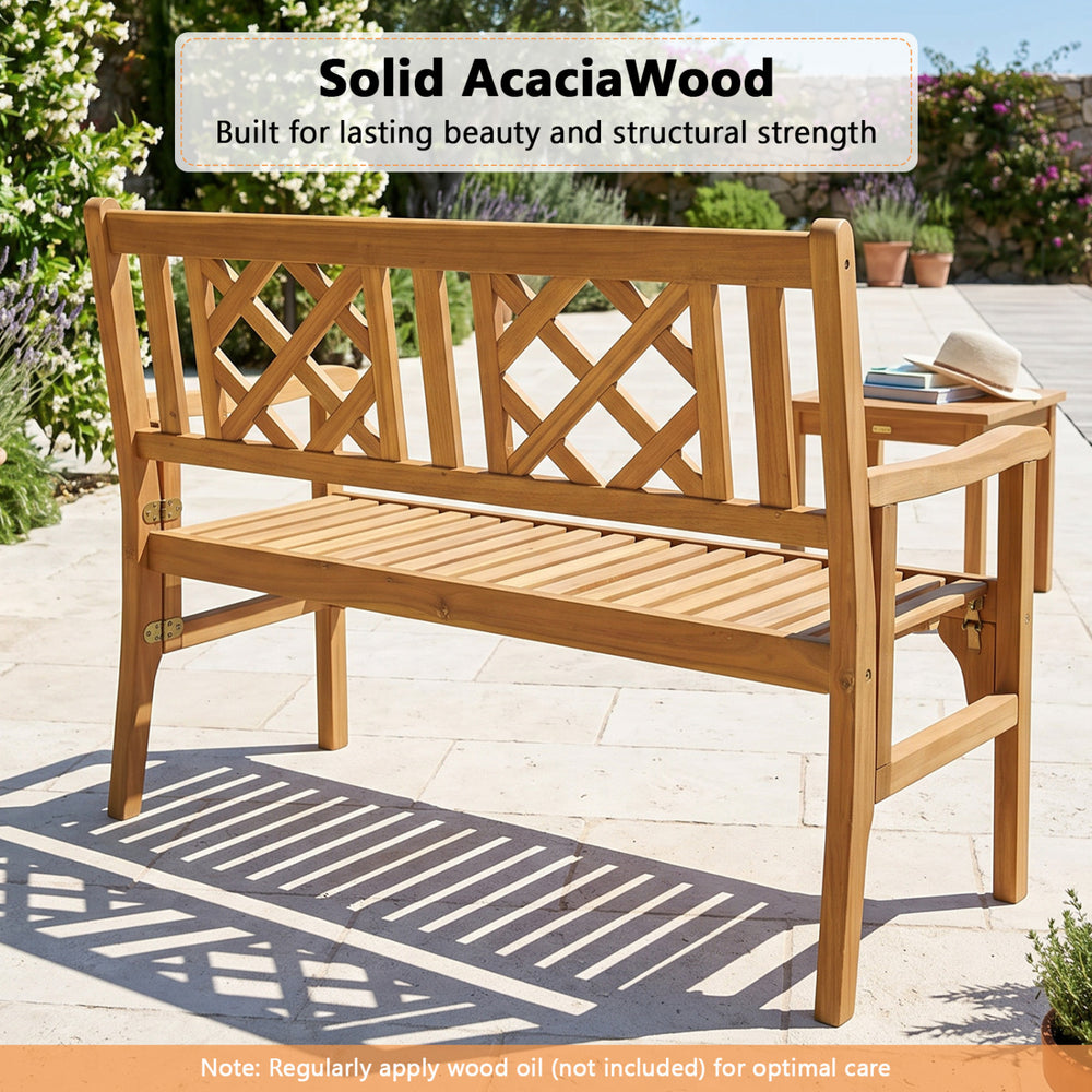 Patio foldable bench made of solid acacia wood features a curved backrest and armrest, perfect for outdoor relaxation.