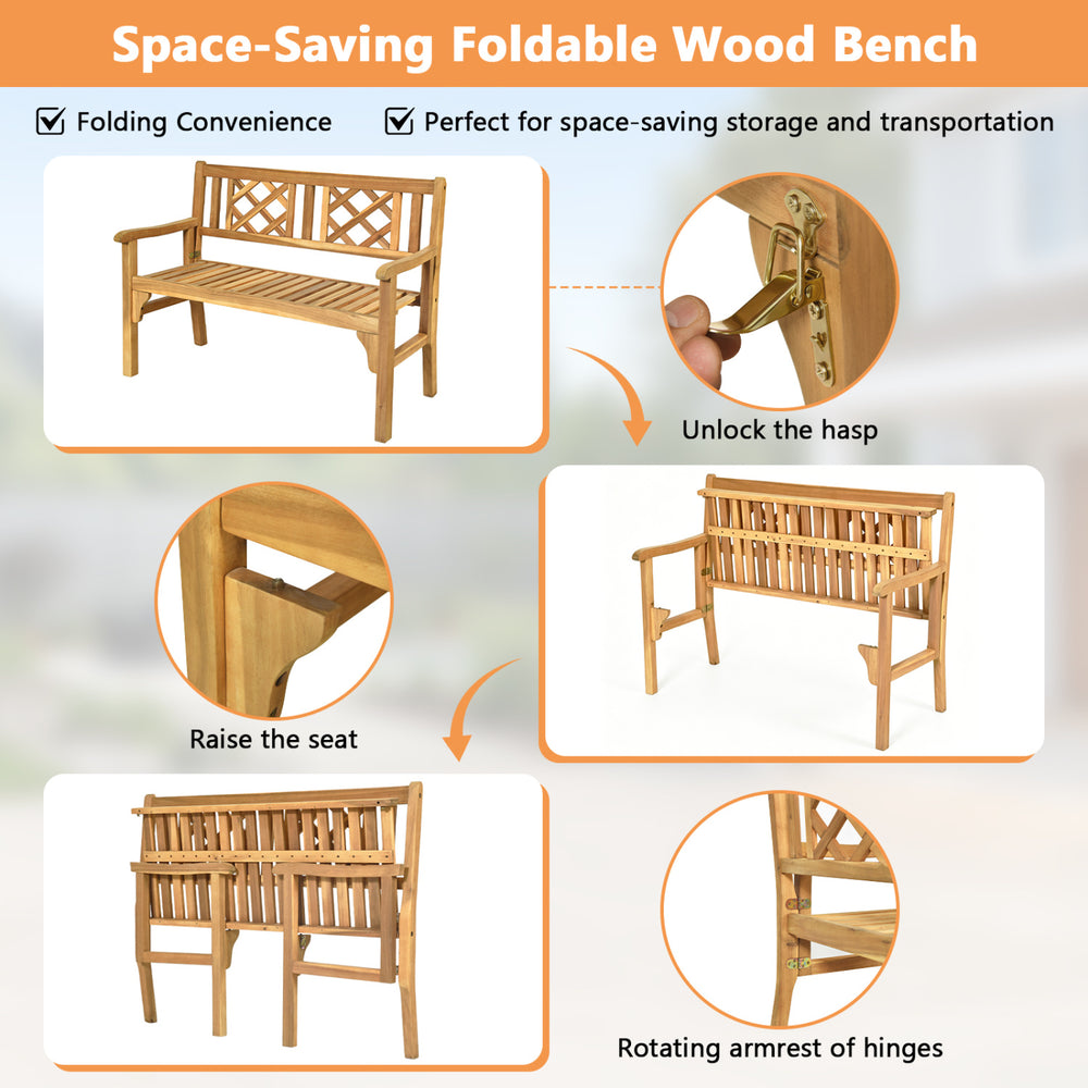 Patio foldable bench designed with a user-friendly folding mechanism for easy storage and transport, perfect for outdoor spaces.