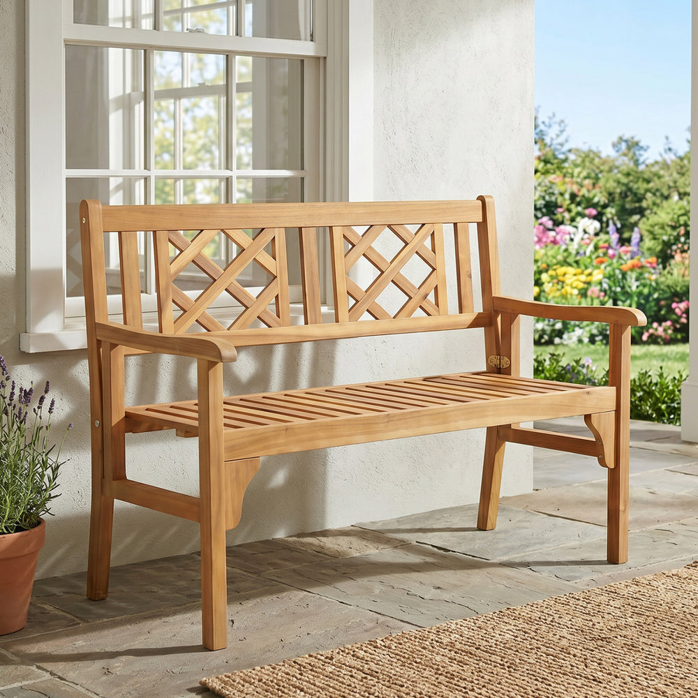 Patio foldable bench made of premium acacia wood features a curved backrest and wide armrests, perfect for outdoor relaxation.