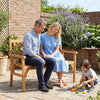Patio foldable bench made of premium acacia wood features a curved backrest and wide armrests for comfortable seating.