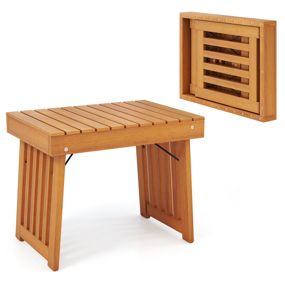Patio foldable side table with slatted acacia wood tabletop, lightweight design for easy storage and portability.