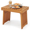 Patio foldable side table in acacia wood with slatted tabletop, perfect for backyard or poolside use.