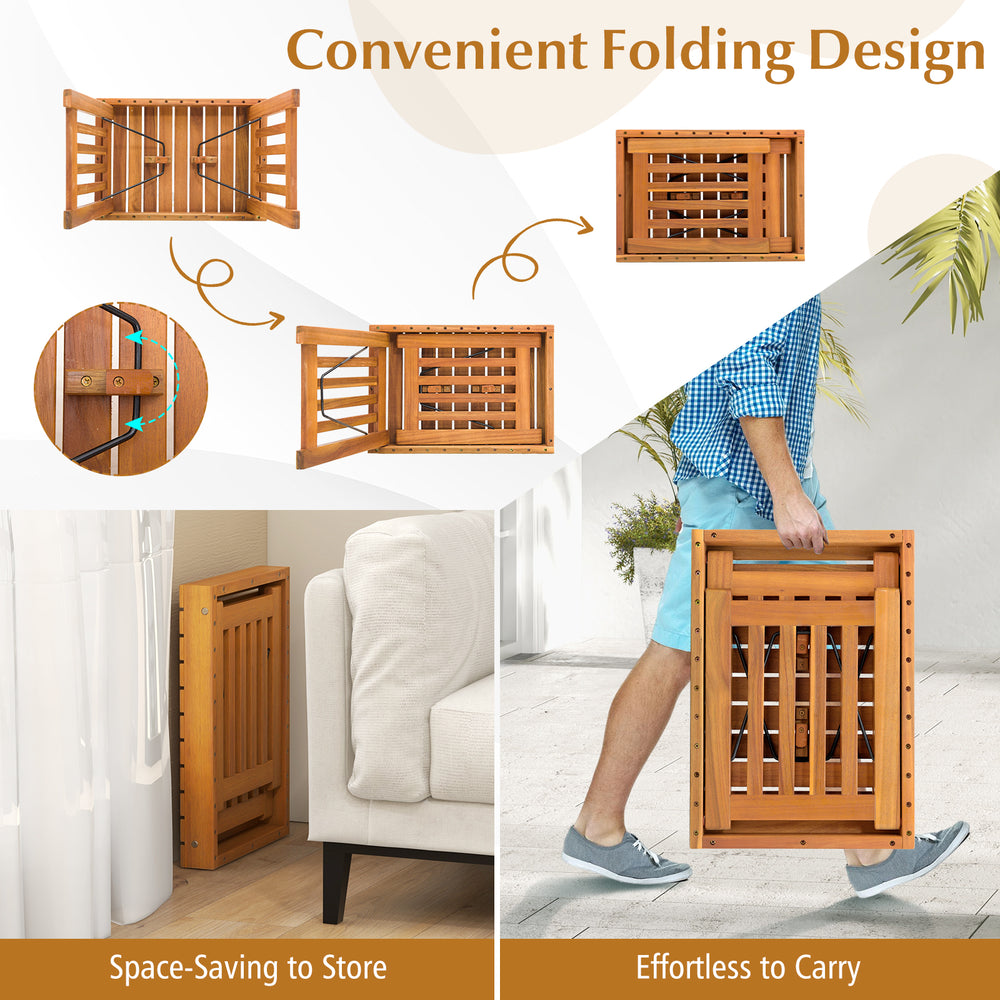 Patio foldable side table with slatted tabletop, lightweight acacia wood design, ideal for backyard and poolside use.