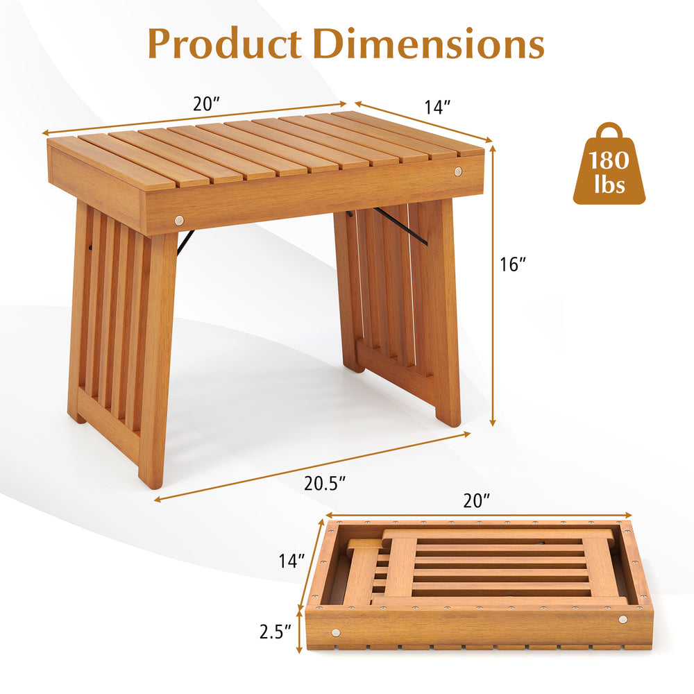 Patio foldable side table with slatted tabletop, acacia wood, 20" x 14" dimensions, ideal for backyard or poolside use.