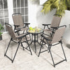 Four coffee patio folding bar stools with metal frames and footrests, ideal for outdoor relaxation on balconies or.