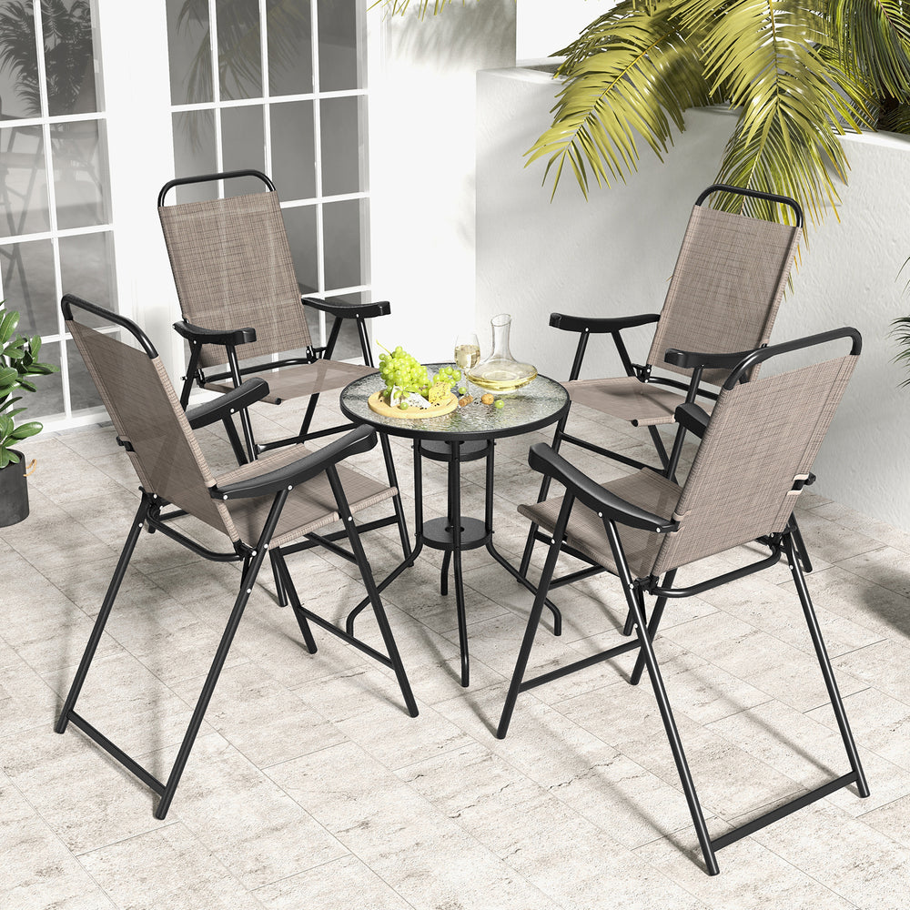 Four coffee patio folding bar stools with metal frames and footrests, ideal for outdoor relaxation on balconies or.