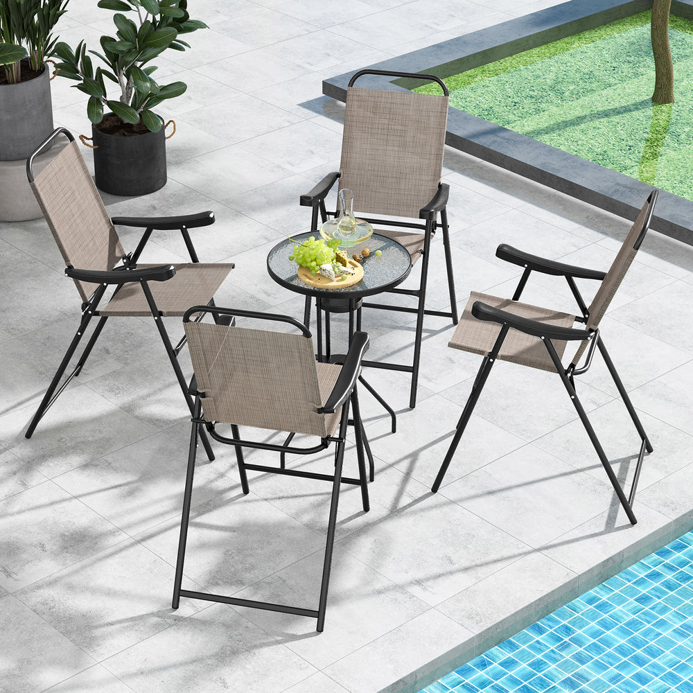 Set of 4 patio folding bar stools with metal frame and footrest, perfect for outdoor relaxation by the poolside.