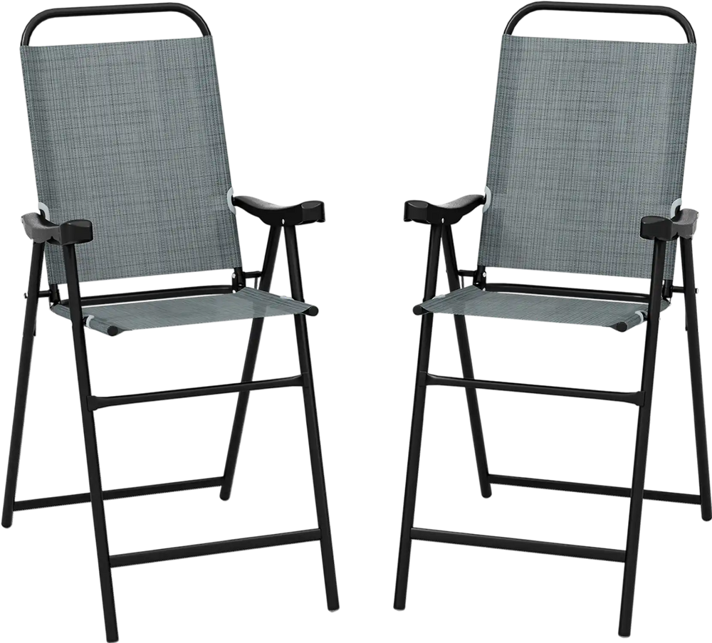 Patio folding bar stool set of 2 in blue with metal frame, ergonomic armrests, and footrest for outdoor relaxation.