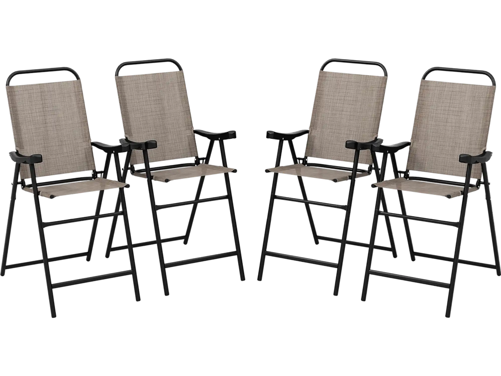 Set of 4 patio folding bar stools with metal frame, coffee color, featuring ergonomic armrests and footrests for.