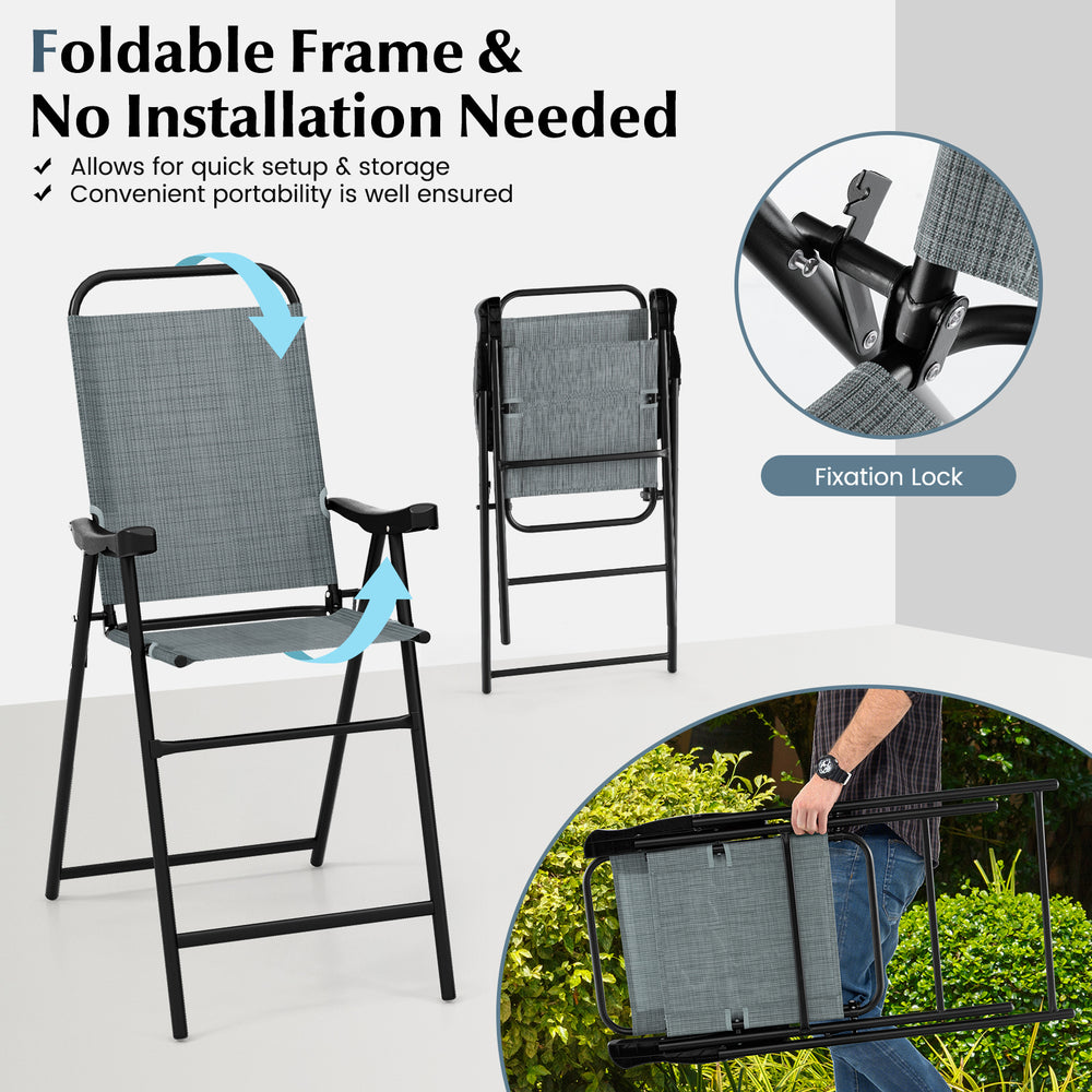 Patio folding bar stool set of 2 in blue with metal frame, ergonomic armrests, and footrest for outdoor comfort.