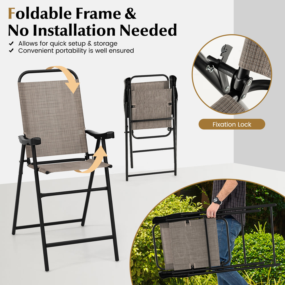 Folding bar stool with metal frame and footrest, featuring a coffee color, ideal for balcony and garden use.