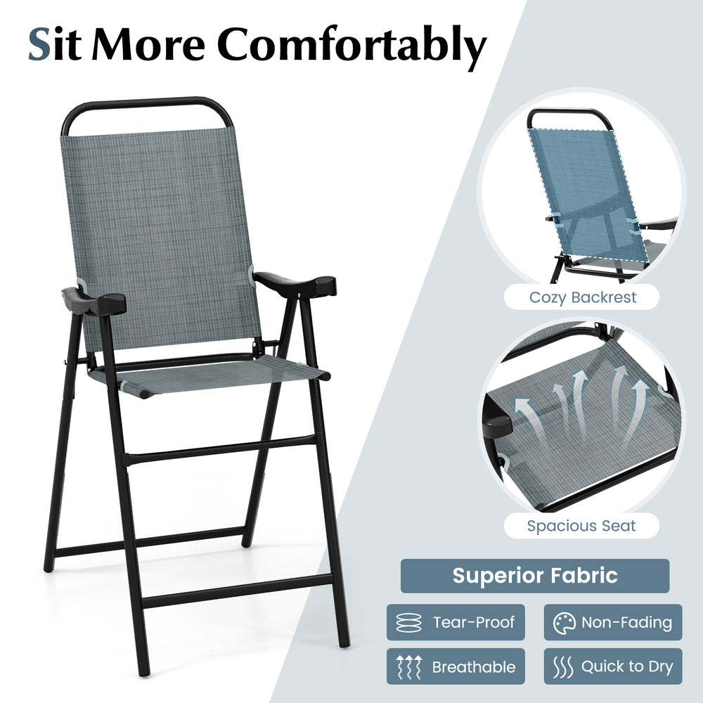 Patio folding bar stool set of 2 in blue with spacious seat, cozy backrest, and sturdy metal frame for outdoor use.