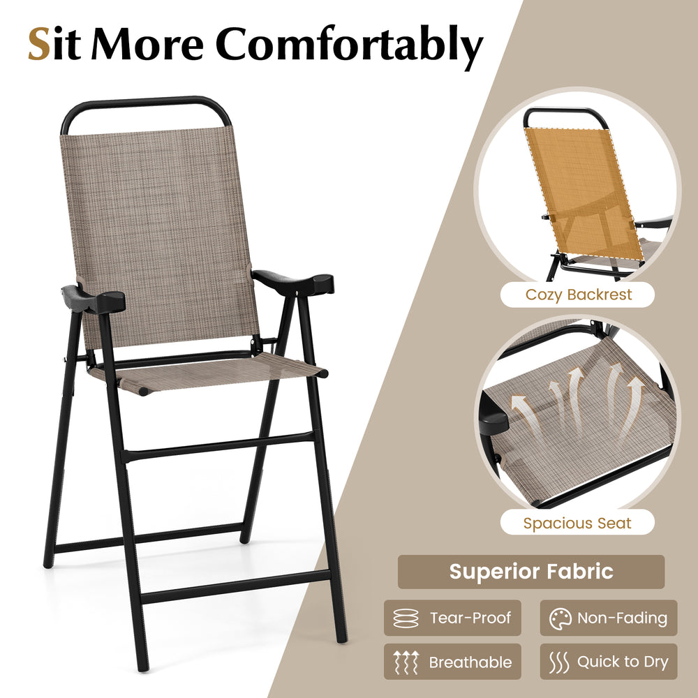 Patio folding bar stool with spacious seat and cozy backrest, featuring a sturdy metal frame for outdoor use.