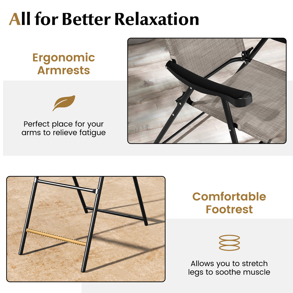 Close-up of ergonomic armrests on a coffee patio folding bar stool, designed for comfort and fatigue relief.