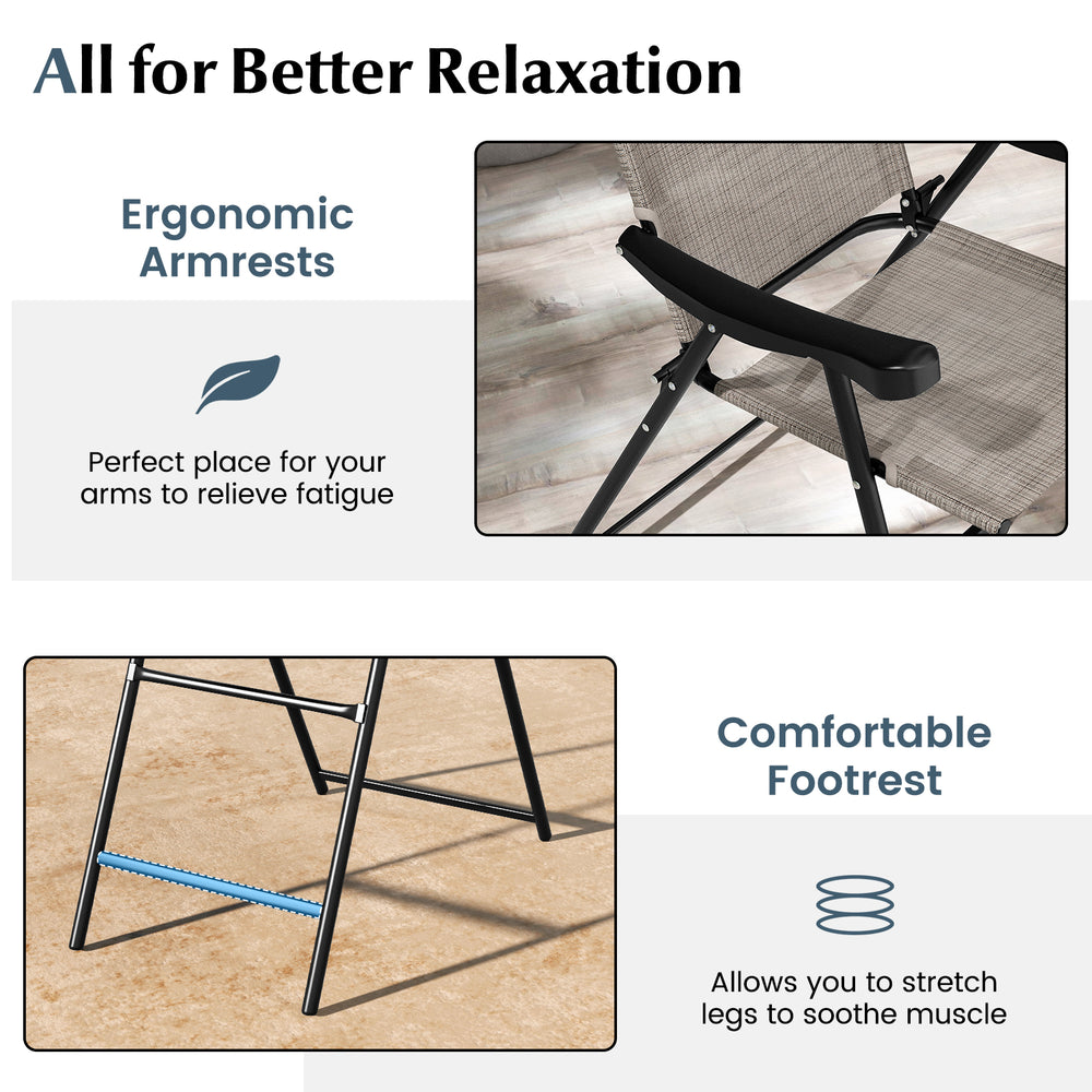 Patio folding bar stool set of 2 with ergonomic armrests and comfortable footrest for outdoor relaxation.