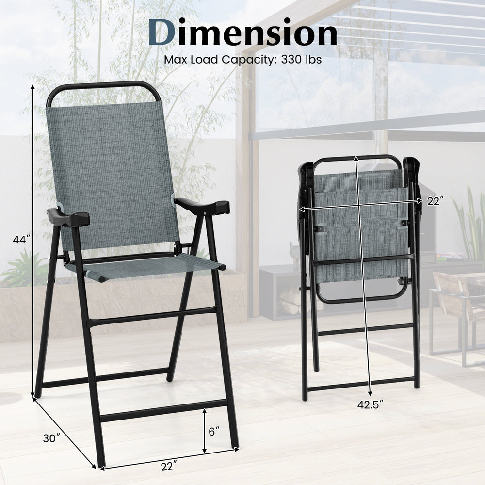 Single blue patio folding bar stool with a sturdy metal frame, ergonomic armrests, and dimensions for easy storage and.