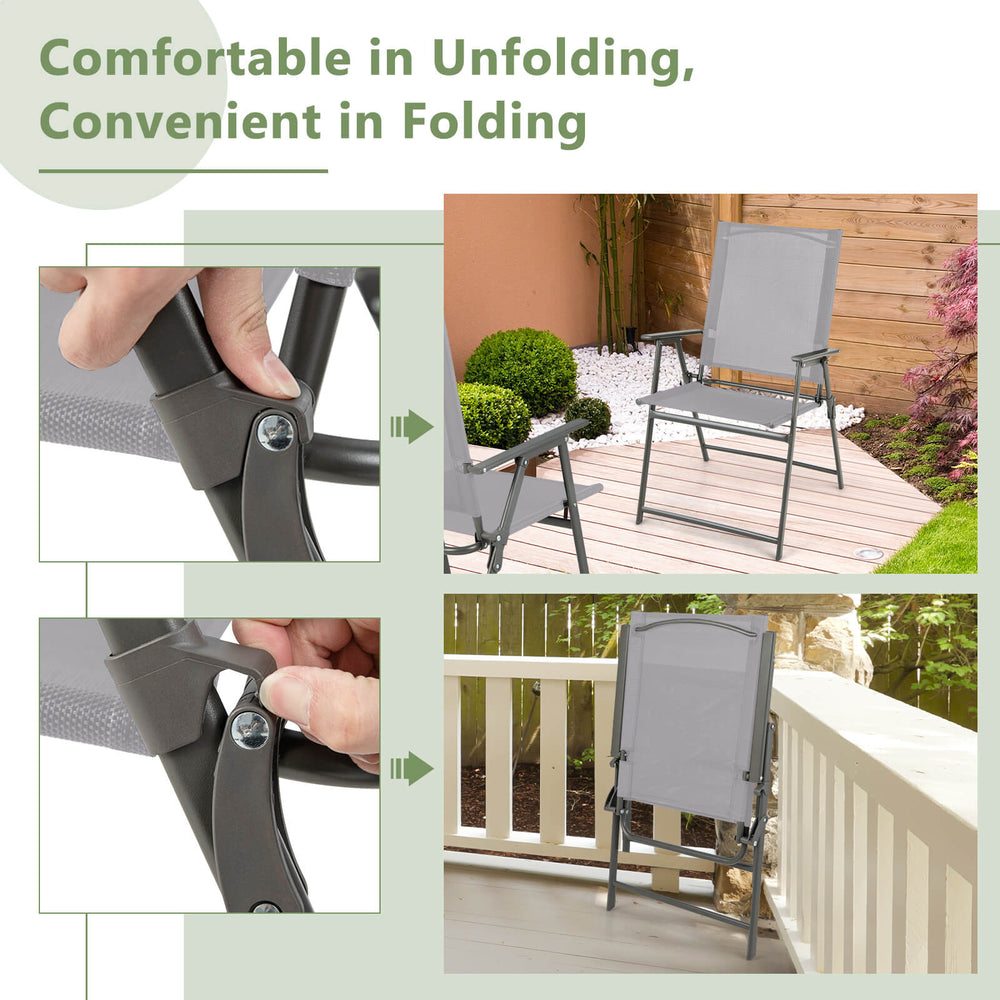 Folding patio chair with gray fabric and rustproof metal frame, showcasing easy folding and unfolding features for.