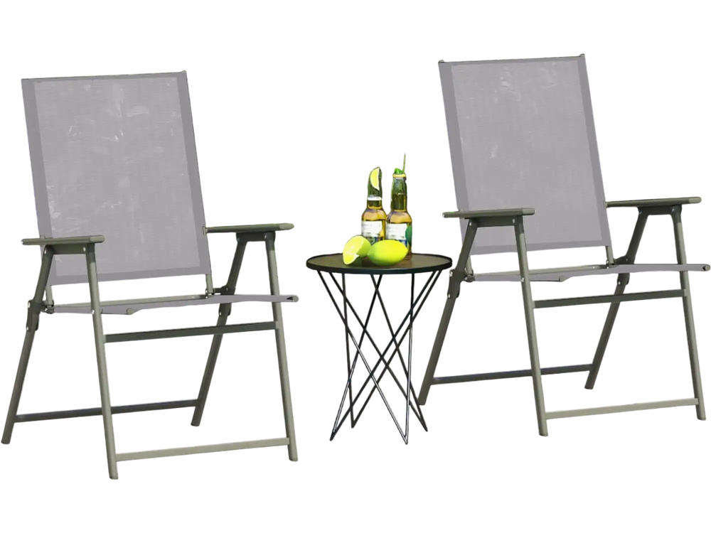 Gray patio folding chairs with rustproof metal frame, ideal for poolside relaxation and easy storage.