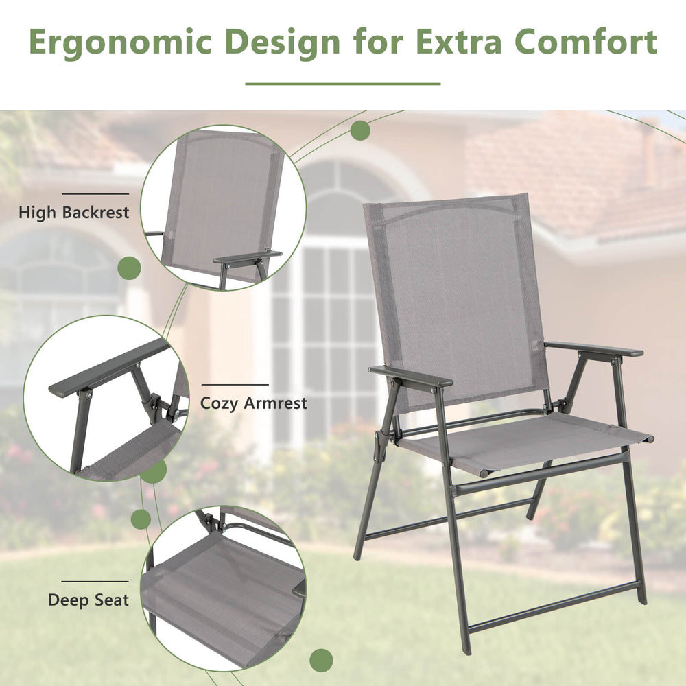Gray patio folding chair with high backrest, cozy armrests, and deep seat, perfect for outdoor relaxation and easy.