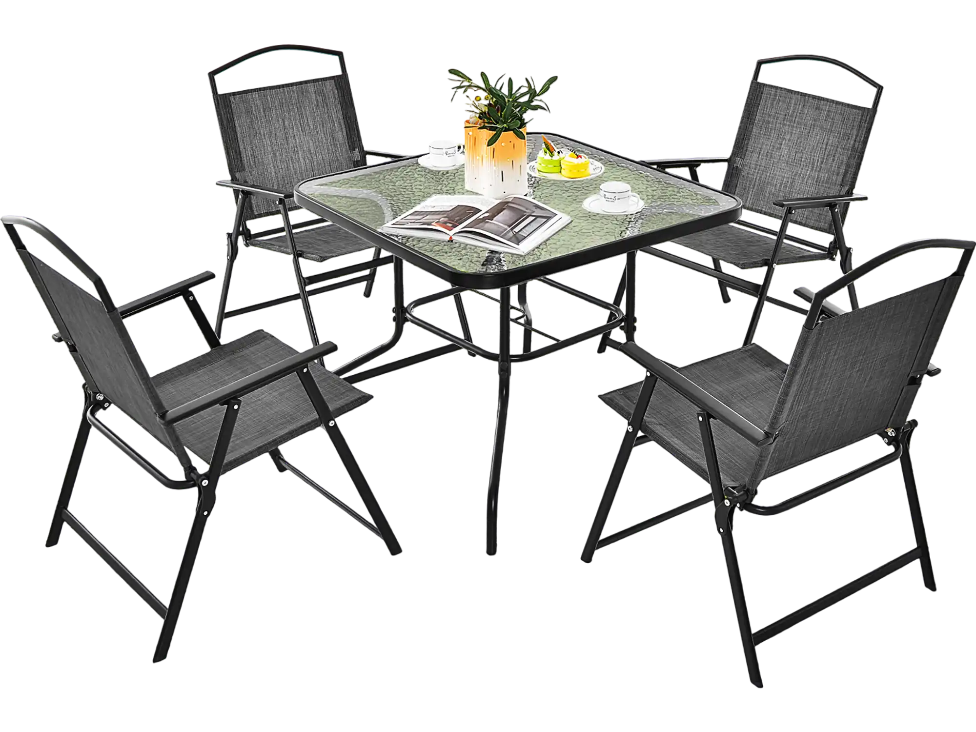 Costway 4-Pc Patio Folding Chairs Gray Heavy-Duty Metal Frame 856943217 New