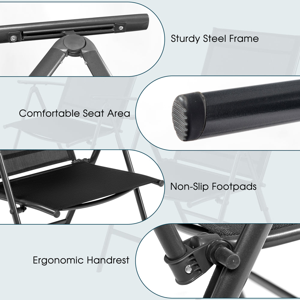 Adjustable black patio folding chair recliner with sturdy steel frame, ergonomic handrest, and non-slip footpads for.