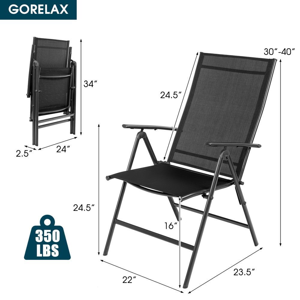 Adjustable black folding dining chair with breathable fabric and sturdy steel frame, perfect for patio or garden use.