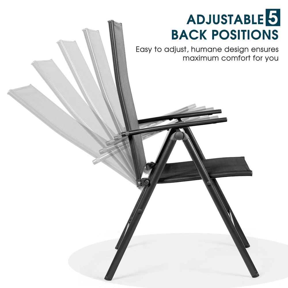 Adjustable black patio folding dining chair recliner with ergonomic design and five back positions for maximum comfort.