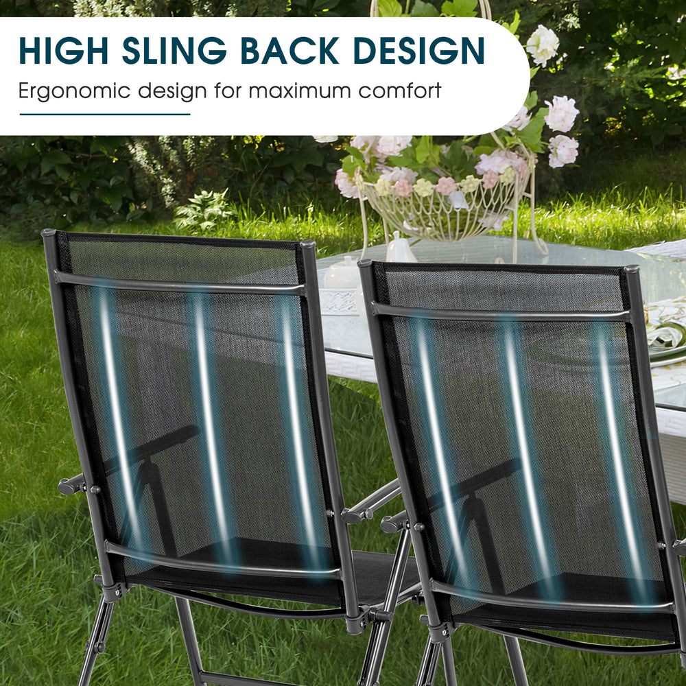 Adjustable black patio folding dining chairs with ergonomic design and breathable fabric for outdoor comfort.