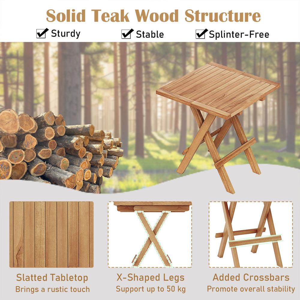 Patio folding side table made of teak wood with slatted tabletop and X-shaped legs, perfect for camping and picnics.