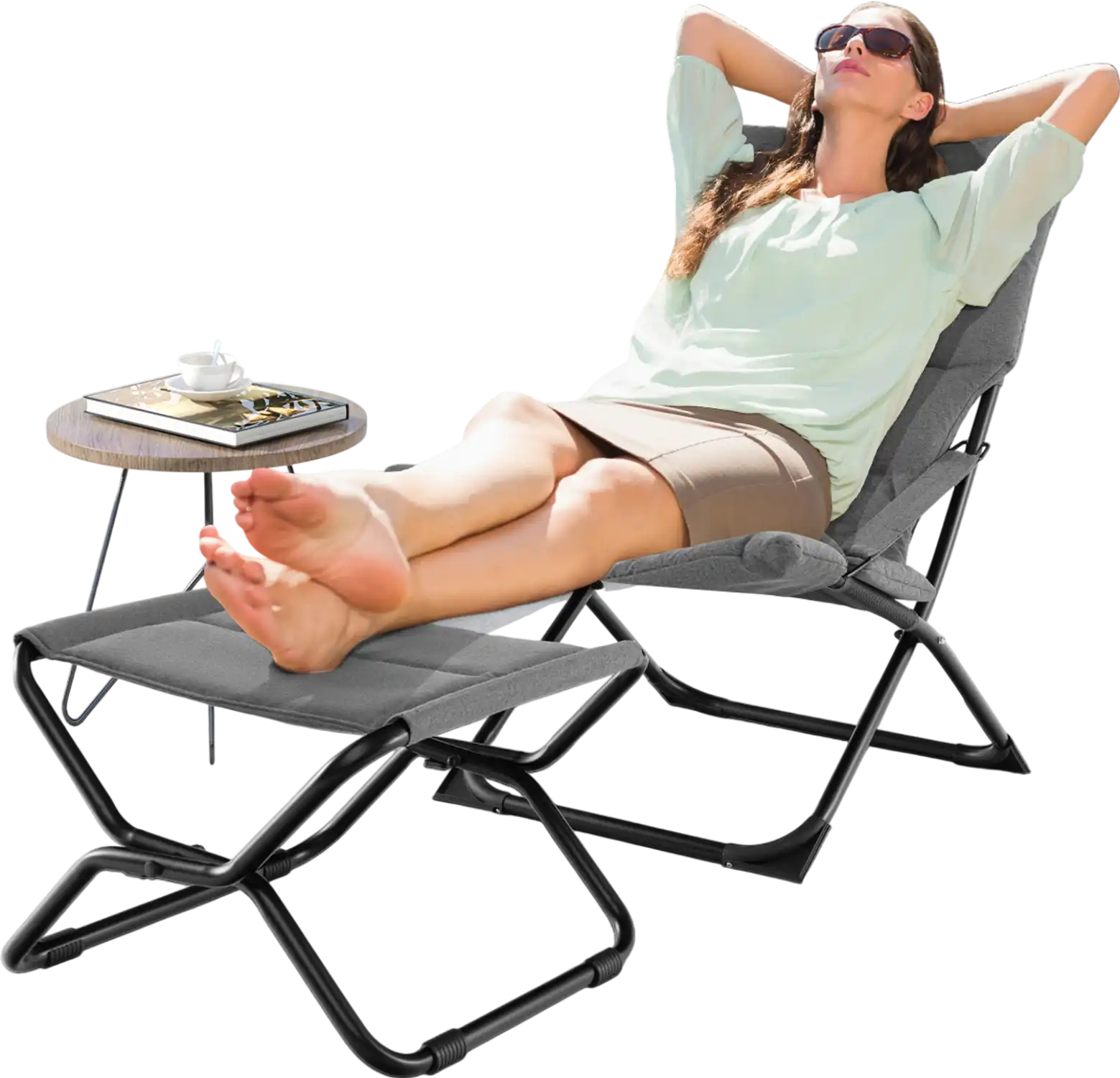 Costway Patio Folding Sling Chaise Lounge Chair w/ Ottoman Footrest Removable Cushion Gray 32671859 New